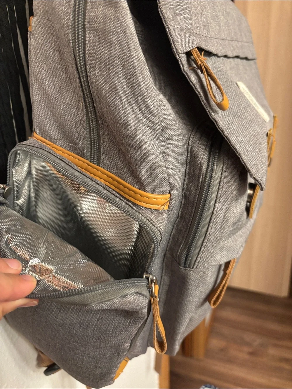 Gray Baby Backpack Diaper Bag with Tan Accents - Versatile Everyday Bag